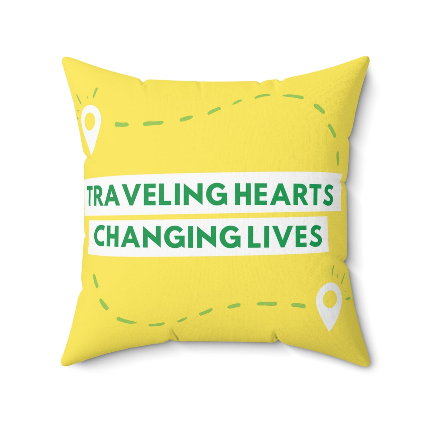 Traveling Hearts, Changing Lives Printed Yellow Spun Polyester Square Pillow