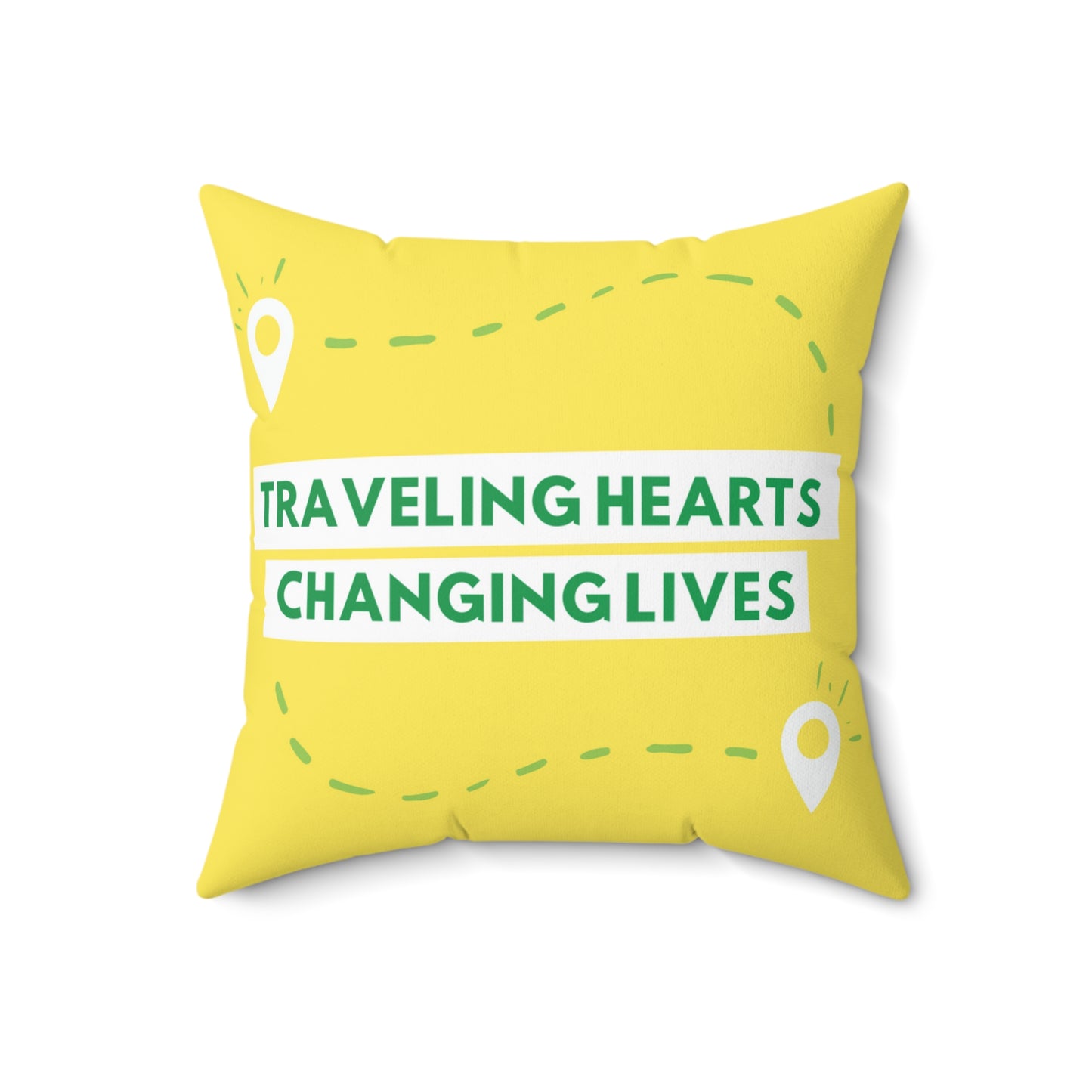 Traveling Hearts, Changing Lives Printed Yellow Spun Polyester Square Pillow