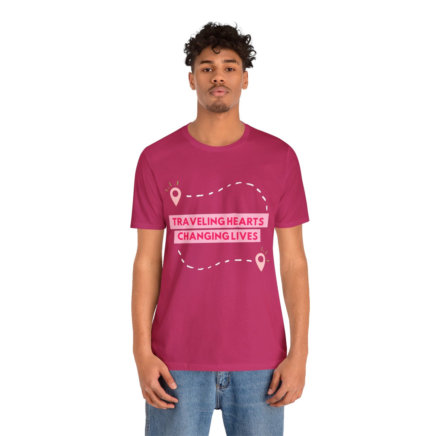 Pink Traveling Hearts Changing Lives Unisex Jersey Short Sleeve Tee