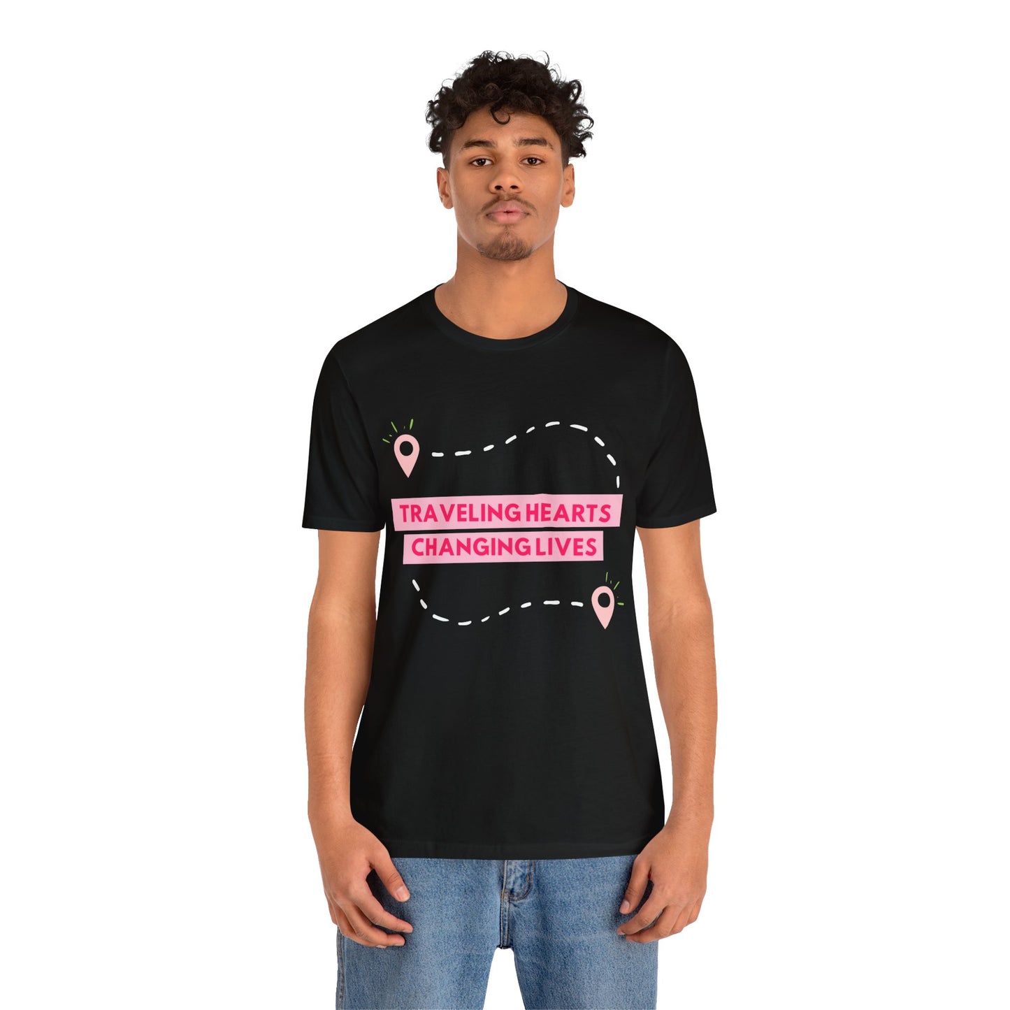 Pink Traveling Hearts Changing Lives Unisex Jersey Short Sleeve Tee