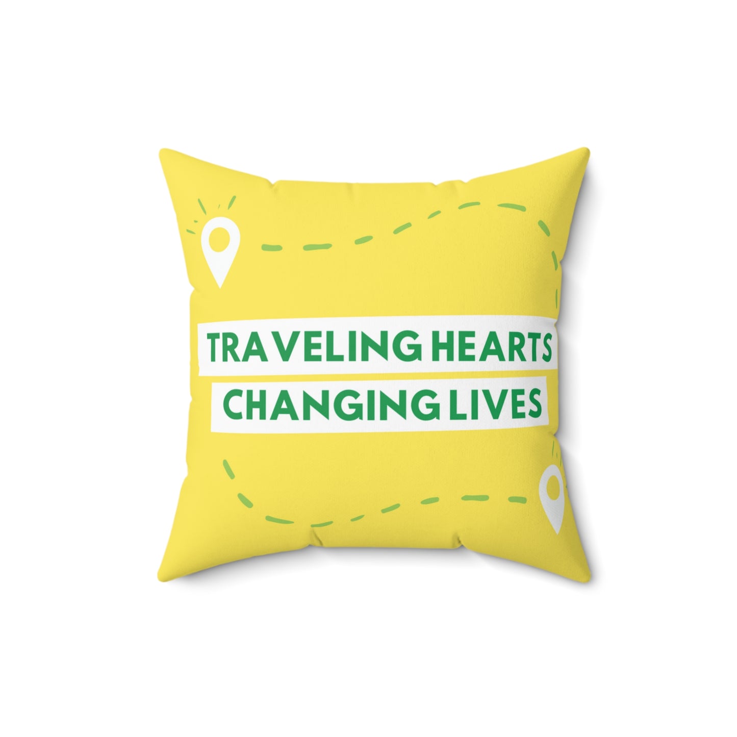 Traveling Hearts, Changing Lives Printed Yellow Spun Polyester Square Pillow